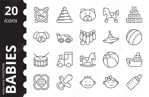 Baby icon set. Vector linear style. Toys, baby, girl, boy.