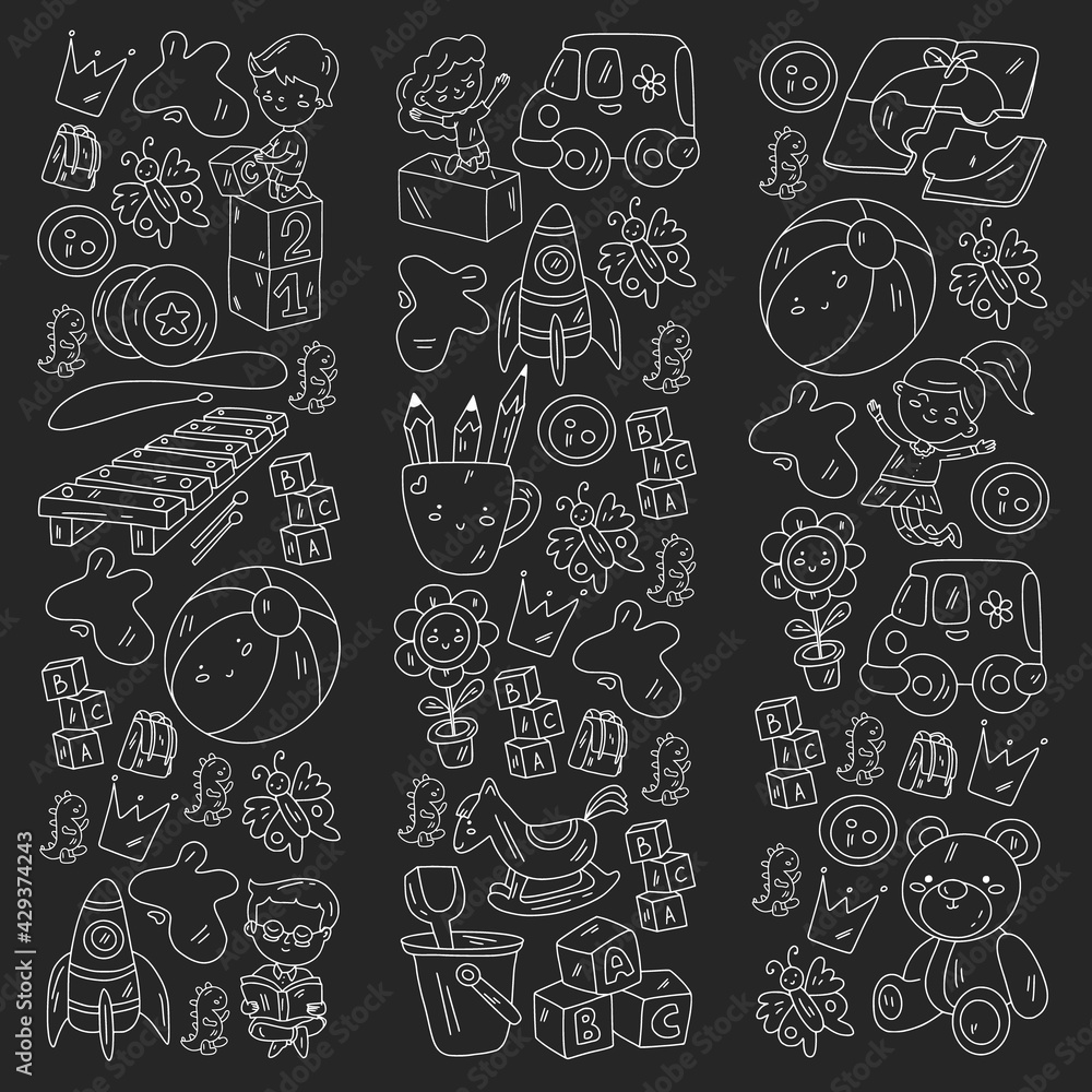 Kindergarten pattern with little children and toys. Creativity and imagination. Kindergarten pattern with little children and toys. Creativity and imagination.
