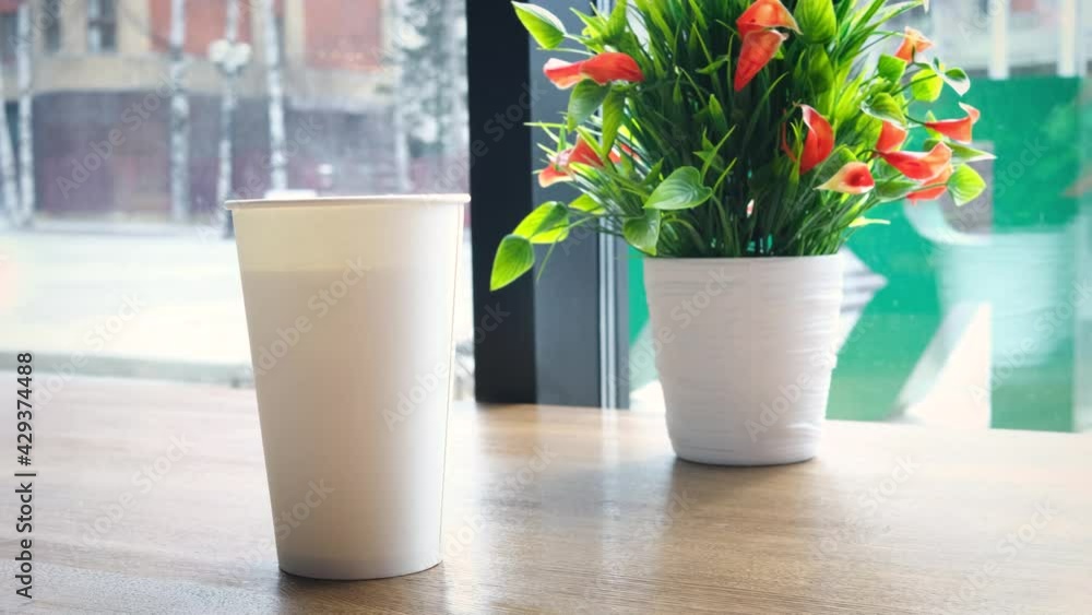 White large paper cup of tea on a table in a cafe. Behind a large window and a plant. The concept of a break, rest in a cafe. Copyspace. White large paper cup of tea on a table in a cafe. Behind a large window and a plant. The concept of a break, rest in a cafe. Copyspace.