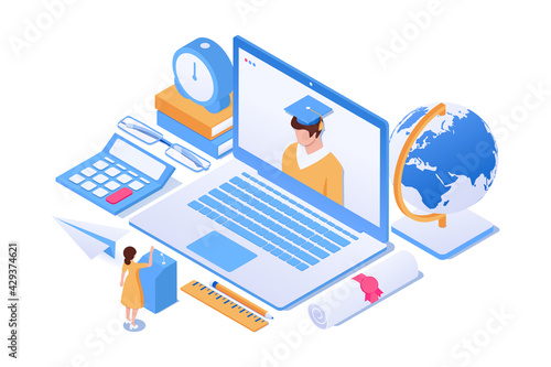 Online graduation concept. A graduate in a master's cap on a laptop screen receives a diploma remotely.  Graduation in the reality of coronavirus. Vector isometric illustration. Isolated on white.