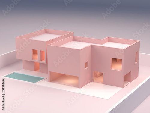 Pink background architecture scene. Minimal design pink house. Housing model with a swimming pool. Elegant architectural illustration for advertising or presentations. 3d render.