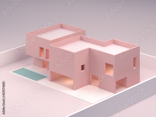 Pink background architecture scene. Minimal design pink house. Housing model with a swimming pool. Elegant architectural illustration for advertising or presentations. 3d render.