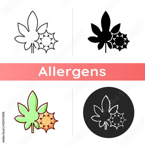 Castor bean icon. Exotic flowering plant. Ricinus communis. Cause of allergic reaction, herbal allergen. Allergy for plant. Linear black and RGB color styles. Isolated vector illustrations