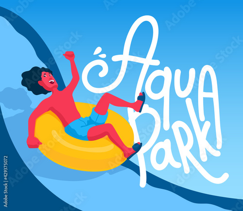 Man on a water slide on an inflatable ring. A waterpark, aquapark. Inflatable tube on a waterslide. Aqua park handwritten text. Amusement park. A vector cartoon illustration.