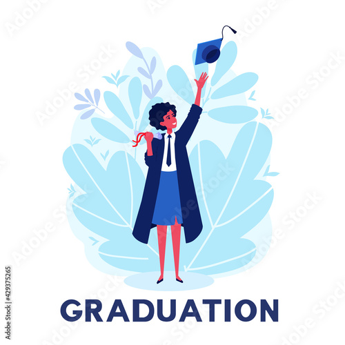 A student celebrating graduation, diploma. A person wears a graduation gown. Graduate ceremony. A vector cartoon illustration.