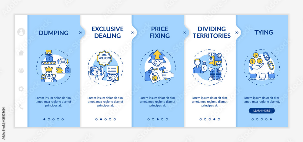 Noncompetitive practices onboarding vector template. Responsive mobile website with icons. Web page walkthrough 5 step screens. Price fixing, exclusive dealing color concept with linear illustrations