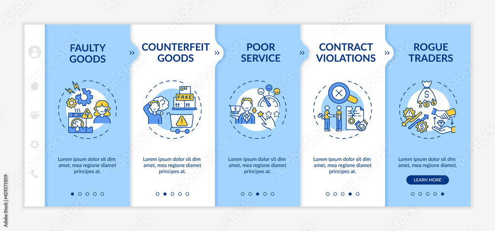 Customer claims onboarding vector template. Responsive mobile website with icons. Web page walkthrough 5 step screens. Rogue traders, counterfeit goods color concept with linear illustrations