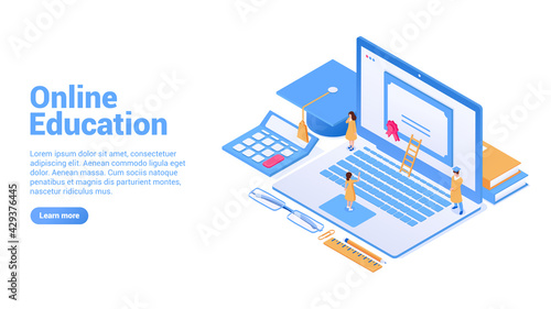 Online education concept. landing page or web banner concept. Distant education for everyone, online learning, internet courses. Vector isometric illustration. Isolated on white background.