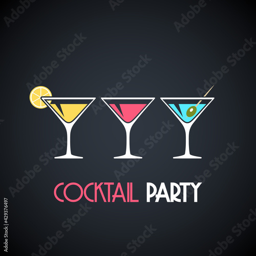 Martini glasses with cocktails, olive and lemon slice on dark background. Design template for poster or banner for cocktail party. Vector illustration