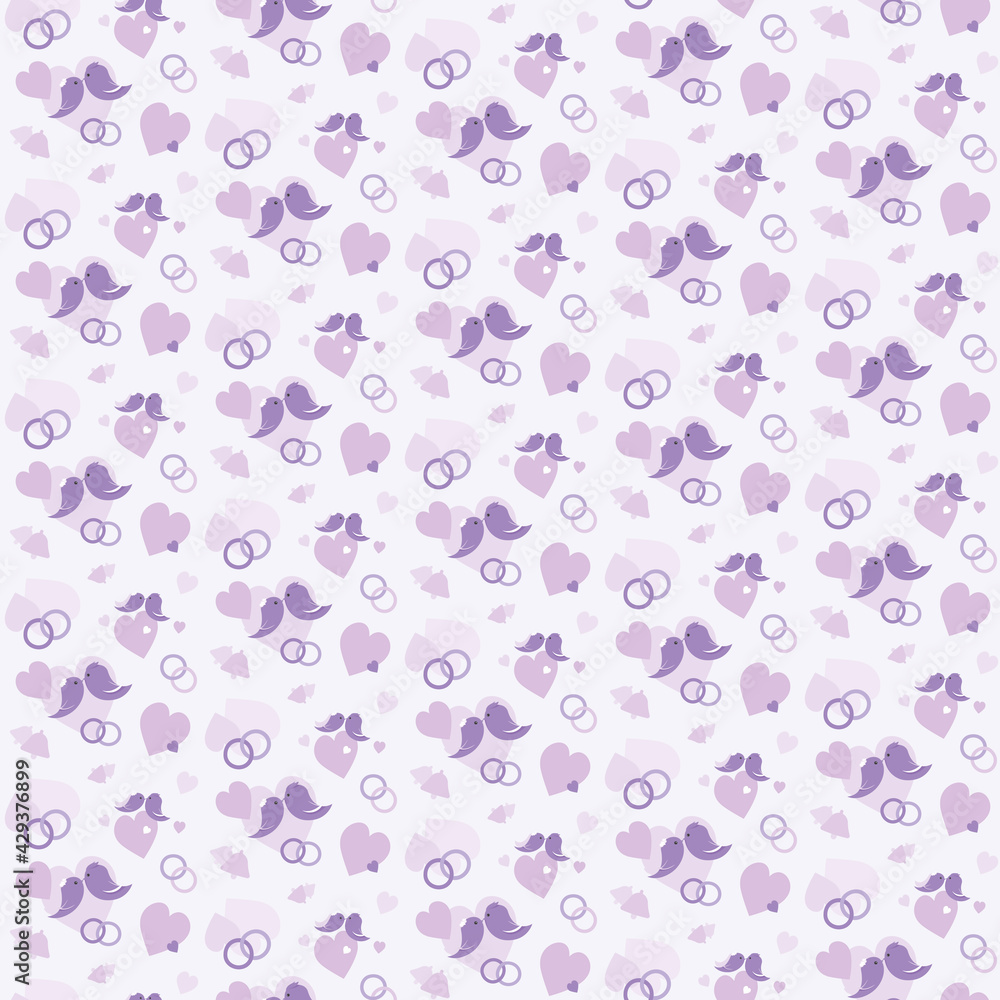 Seamless pattern with hearts, birds and rings. Texture with wedding symbols in flat style. Seamless pattern with hearts, birds and rings. Texture with wedding symbols in flat style.