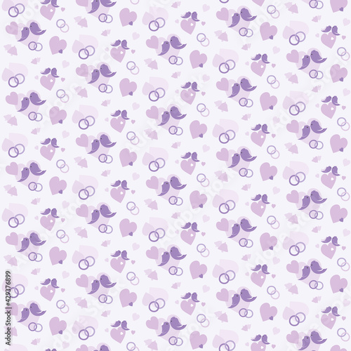 Seamless pattern with hearts, birds and rings. Texture with wedding symbols in flat style.