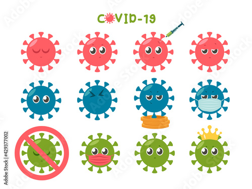 Covid19 corona virus emojis vector set. Coronavirus emoji with emotions