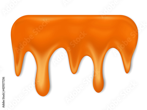 Set of melted caramel drop of sweet sauce isolated. Realistic horizontal leaking syrup dripping. Spilled caramel sauce.