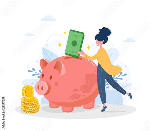 Piggy bank. Happy woman puts green banknotes in money box. Save money concept. Investments in future. Financial symbol. Banking or business services. Vector illustration in flat cartoon style.
