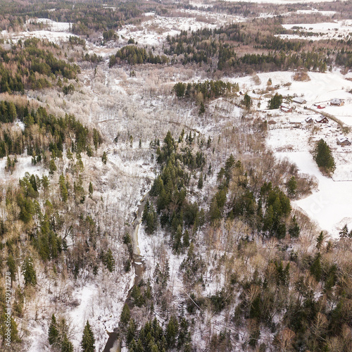 Aerial view of winding river and forest in Riezupe river nature park in winter day, Latvia. 