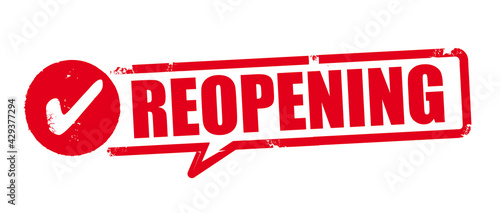 REOPENING sign - red grunge rubber stamp on white background