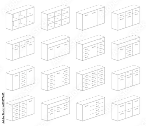 Furnitures - triple cupboards, bedside, shoe, kitchen and bathroom cabinets. Different installation and montage solutions, pictogram types.
