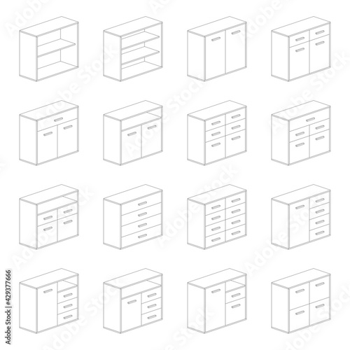 Furnitures - double cupboards, bedside, shoe, kitchen and bathroom cabinets. Different installation and montage solutions, pictogram types.
