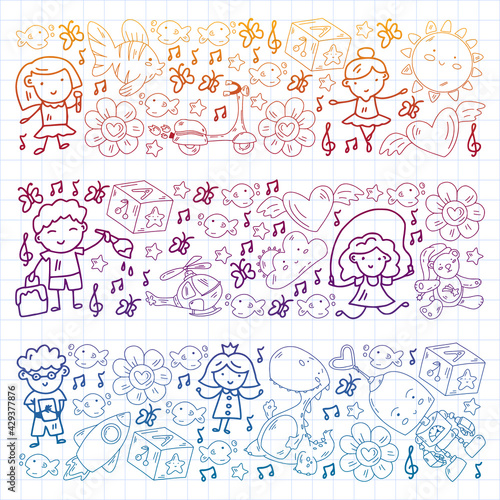 Vector pattern with boys and girls. Kindergarten and toys. Happy childhood and creativity with imagitanion.