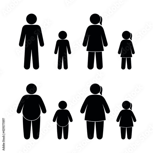 People character healthy weight and obesity, man woman and children, overweight problem icon set people, stick, age, figure pictogram icons.