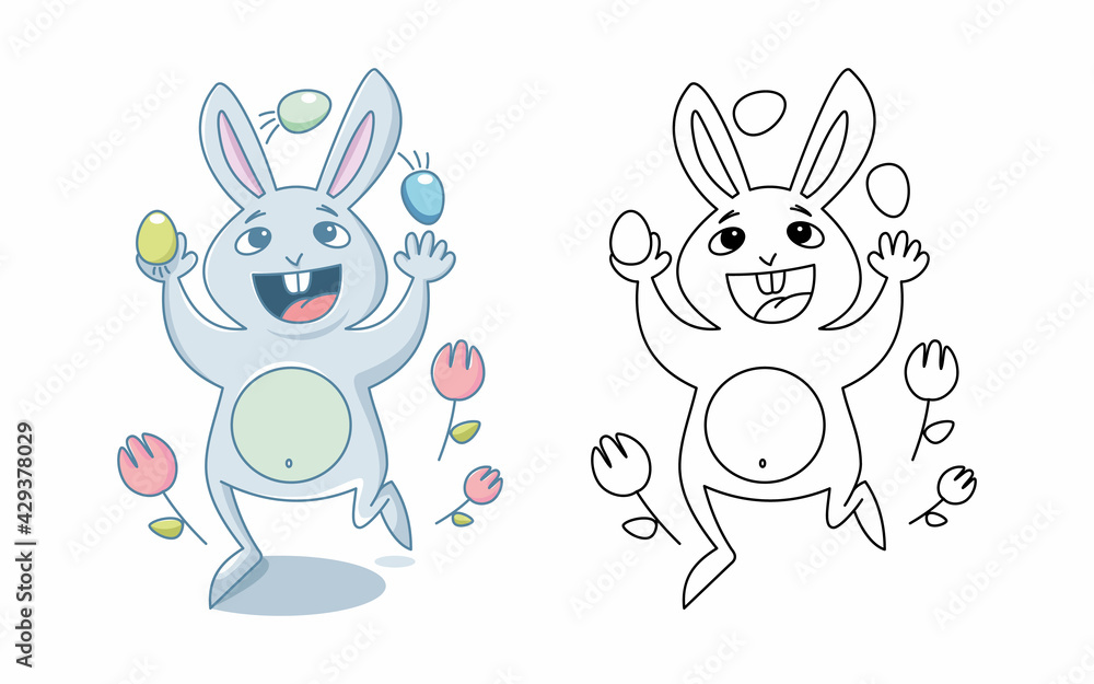 Obraz premium Cheerful rabbit juggles with Easter eggs. Easter holiday concept. Vector, illustration