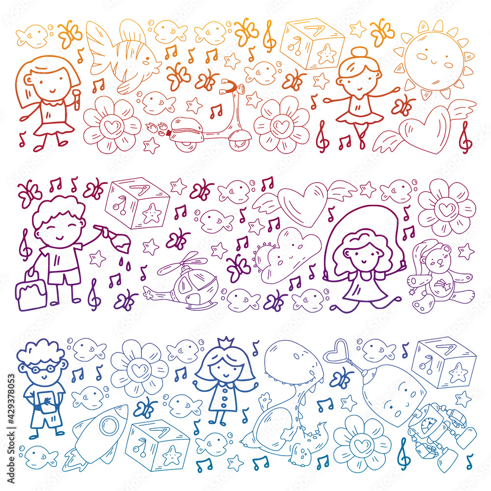 Vector pattern with boys and girls. Kindergarten and toys. Happy childhood and creativity with imagitanion. Vector pattern with boys and girls. Kindergarten and toys. Happy childhood and creativity with imagitanion.
