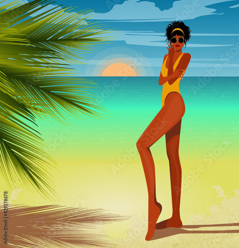 Digital illustration of a girl breathing in summer on vacation in the tropics on the beach