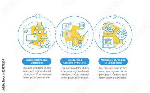 E-trash recycling paces vector infographic template. Shredding, sorting presentation design elements. Data visualization with 3 steps. Process timeline chart. Workflow layout with linear icons