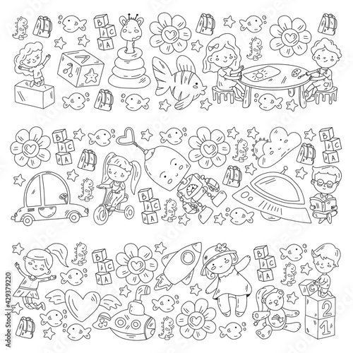 Vector pattern with boys and girls. Kindergarten and toys. Happy childhood and creativity with imagitanion.