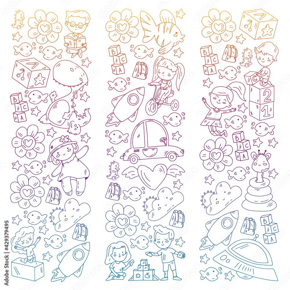 Vector pattern with boys and girls. Kindergarten and toys. Happy childhood and creativity with imagitanion. Vector pattern with boys and girls. Kindergarten and toys. Happy childhood and creativity with imagitanion.