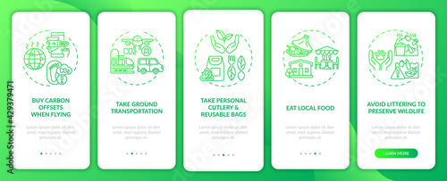 Sustainable tour tips onboarding mobile app page screen with concepts. Eat local food walkthrough 5 steps graphic instructions. UI, UX, GUI vector template with linear color illustrations