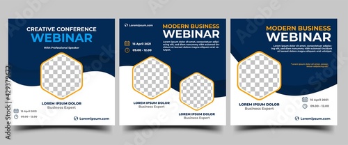 Webinar Social Media template collection. Modern banner design with blue and white background color and place for the photo. Suitable for social media post, banners, flyers, and website.