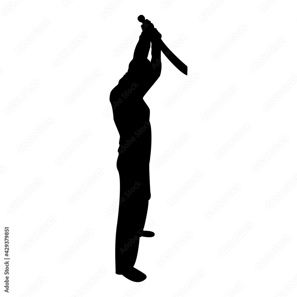 Silhouette man with sword machete from above cold weapons in hand military man soldier serviceman in positions hunter with knife fight poses strong defender warrior concept weaponry stand black color 
