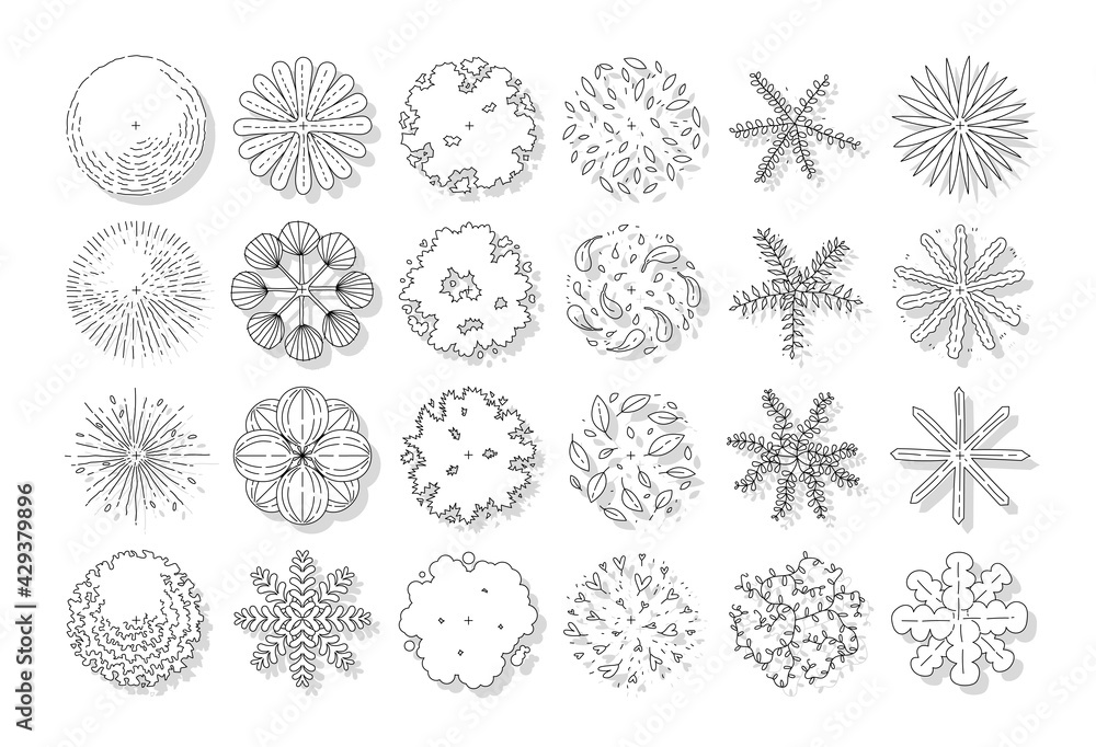 hand drawn vector set of top view tree. hand drawn vector set of top view tree.