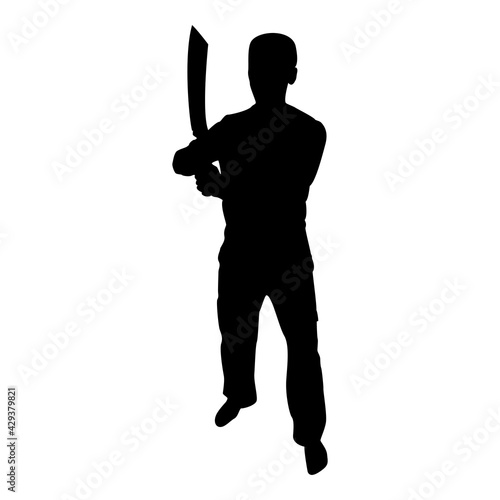 Silhouette man with sword machete cold weapons in hand military man soldier serviceman in positions hunter with knife fight poses strong defender warrior concept weaponry stand black color vector 
