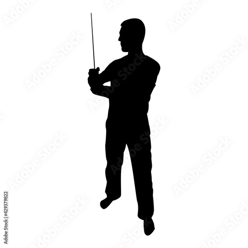Silhouette man with sword machete cold weapons in hand military man soldier serviceman in positions hunter with knife fight poses strong defender warrior concept weaponry stand black color vector illu