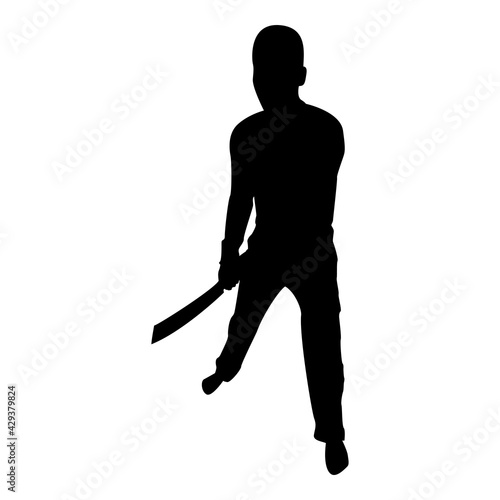 Silhouette man with sword machete cold weapons in hand military man soldier serviceman in positions hunter with knife fight poses strong defender warrior concept weaponry stand black color vector 
