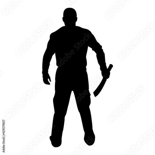 Silhouette man with sword machete cold weapons in hand military man soldier serviceman in positions hunter with knife fight poses strong defender warrior concept weaponry stand view from rear 
