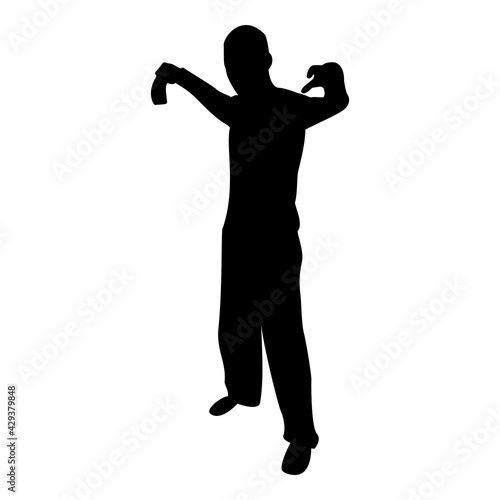 Silhouette man with sword machete cold weapons in hand military man soldier serviceman in positions hunter with knife fight poses strong defender warrior concept weaponry stand black color vector  