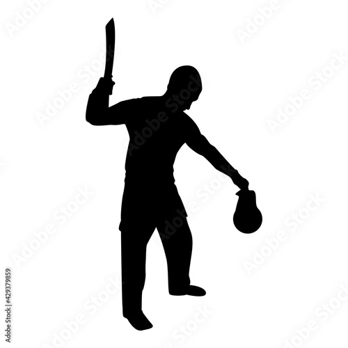 Silhouette man with sword machete cold weapons in hand military man soldier serviceman in positions hunter with knife fight poses strong defender warrior concept weaponry stand holding thing black 
 photo