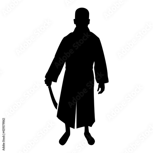 Silhouette man with sword machete cold weapons in hand military man soldier serviceman in positions hunter with knife fight poses strong defender warrior concept weaponry stand black color vector 
