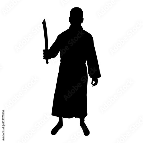 Silhouette man with sword machete cold weapons in hand military man soldier serviceman in positions hunter with knife fight poses strong defender warrior concept weaponry stand black color vector 
