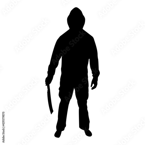 Silhouette man with sword machete cold weapons in hand military man soldier serviceman in positions hunter with knife fight poses strong defender warrior concept weaponry stand black color vector 
