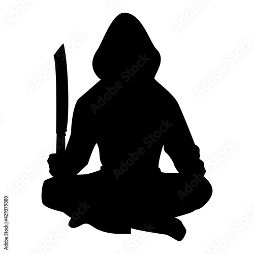 Silhouette man with sword machete cold weapons in hand military man soldier serviceman in positions hunter with knife fight poses strong defender warrior concept weaponry lotus pose black color 
