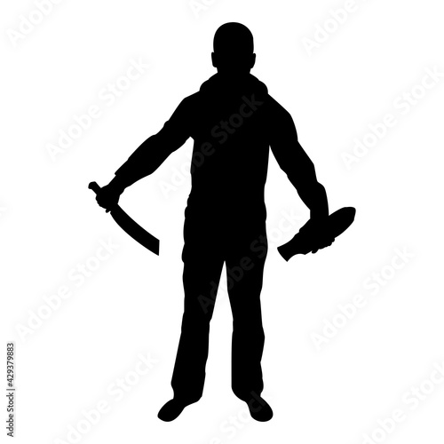 Silhouette man with sword machete remove sheath scabbard cold weapons in hand military man soldier serviceman in positions hunter with knife fight poses strong defender warrior concept weaponry stand 