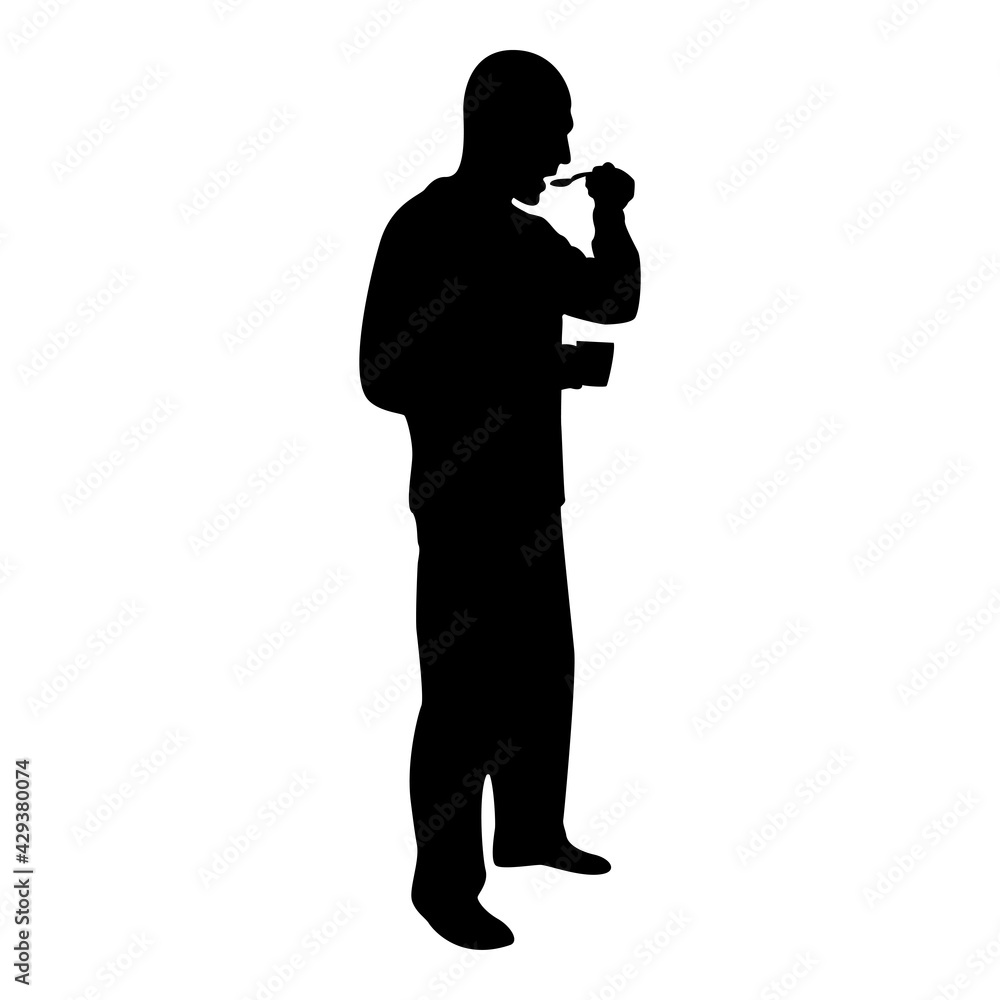 Silhouette man trying food from spoon standing tasting concept gourmet tries dish chef trying black color vector illustration flat style image