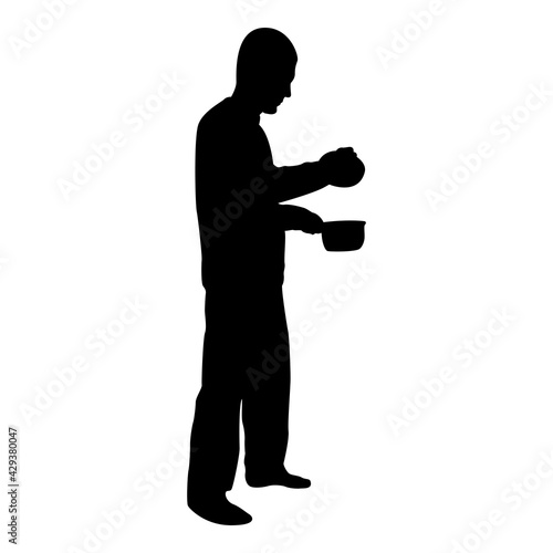 Silhouette man with saucepan in his hands preparing food male cooking use sauciers with open lid black color vector illustration flat style image photo