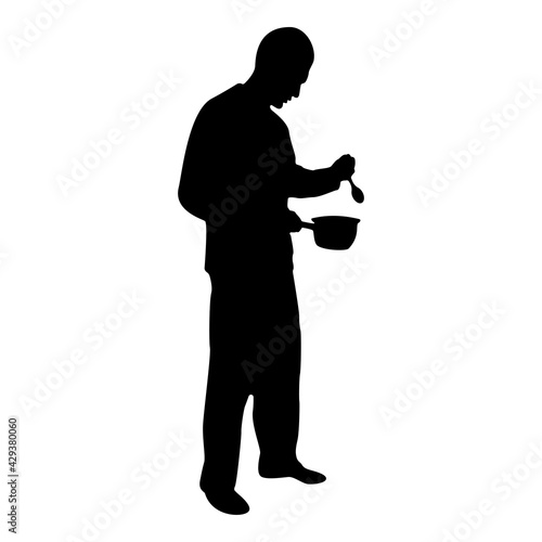 Silhouette man with saucepan spoon in his hands preparing food male cooking use sauciers black color vector illustration flat style image