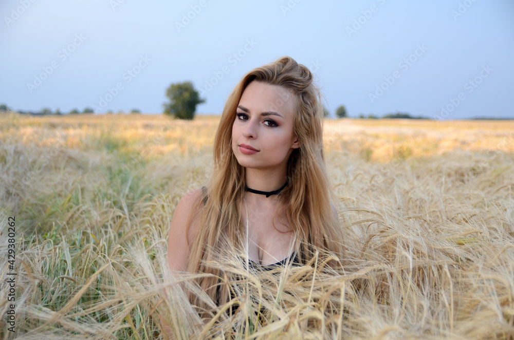 Charming, young woman posing in field of rye. Woman portrait in open field. Charming, young woman posing in field of rye. Woman portrait in open field.