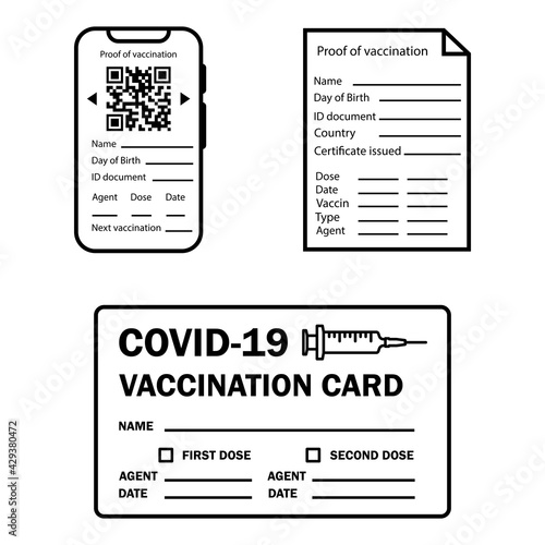 Vaccine passport. Vaccination certificate or card against Covid-19. Paper and digital document to show that a person has been vaccinated with the Covid-19 vaccine. Vector